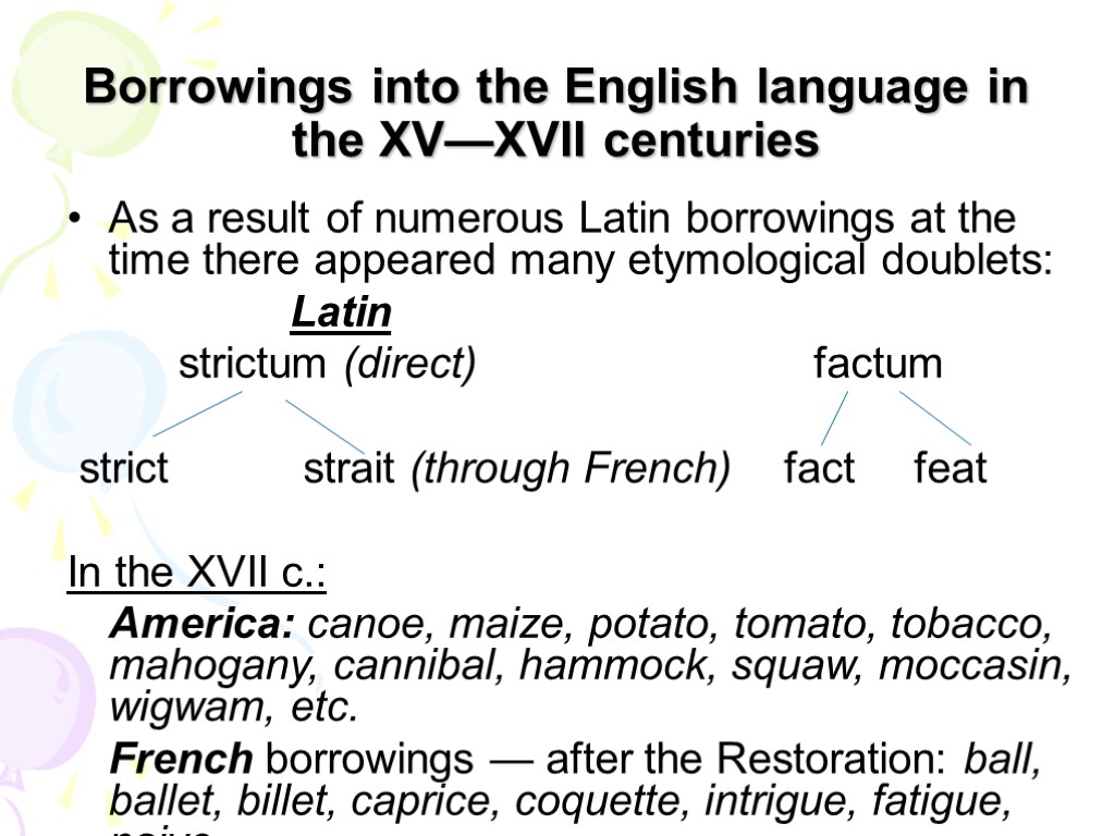 Borrowings into the English language in the XV—XVII centuries As a result of numerous